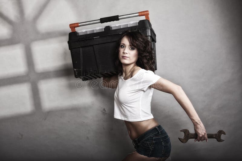 Girl Holding Toolbox And Wrench Spanner Stock Image Image Of Worker
