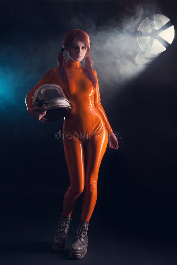 girl in latex catsuit, sci-fi theme