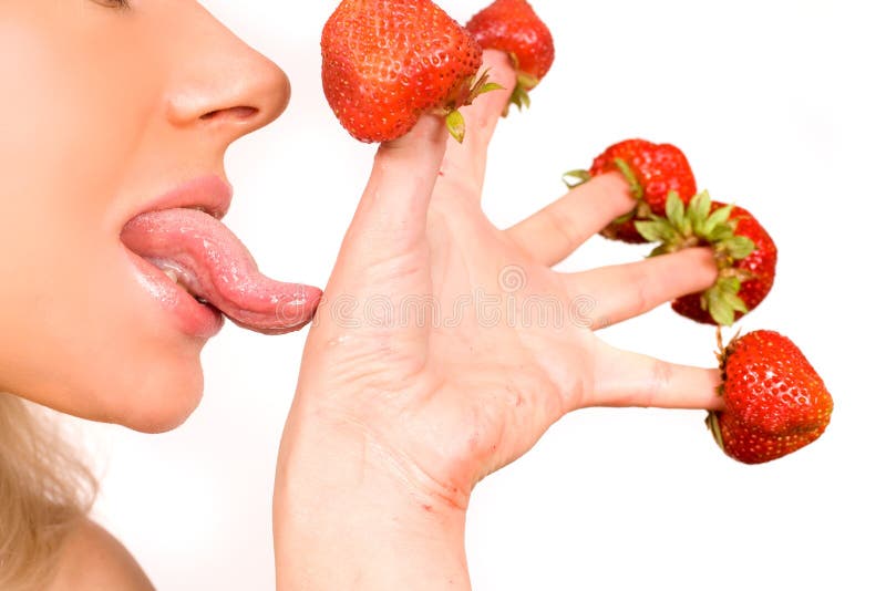 girl with red strawberry isolated on white