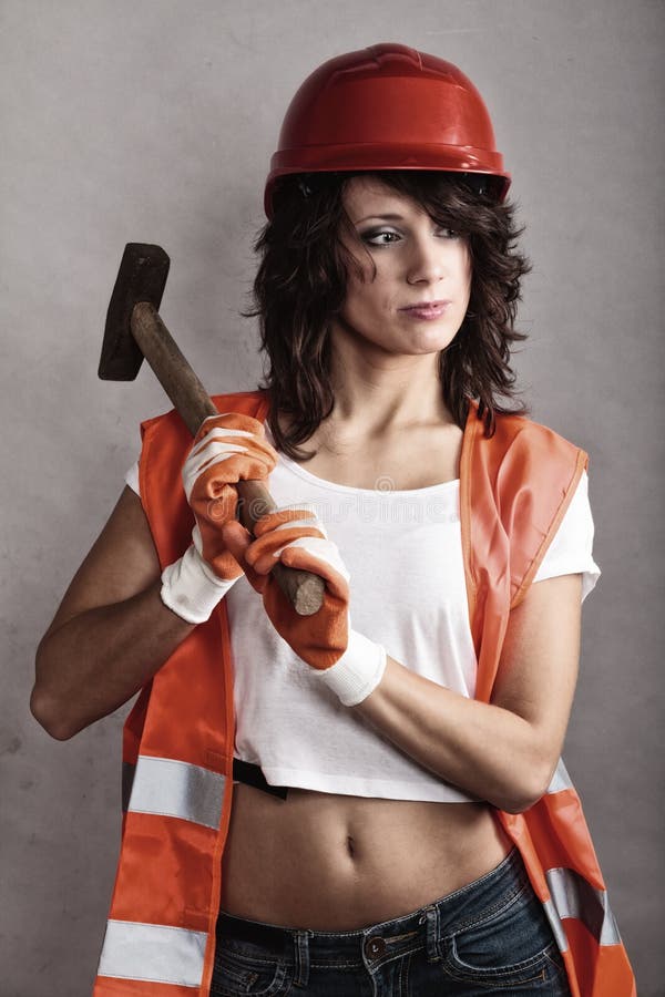 Girl In Safety Helmet Holding Hammer Tool Stock Image Image Of Hammer
