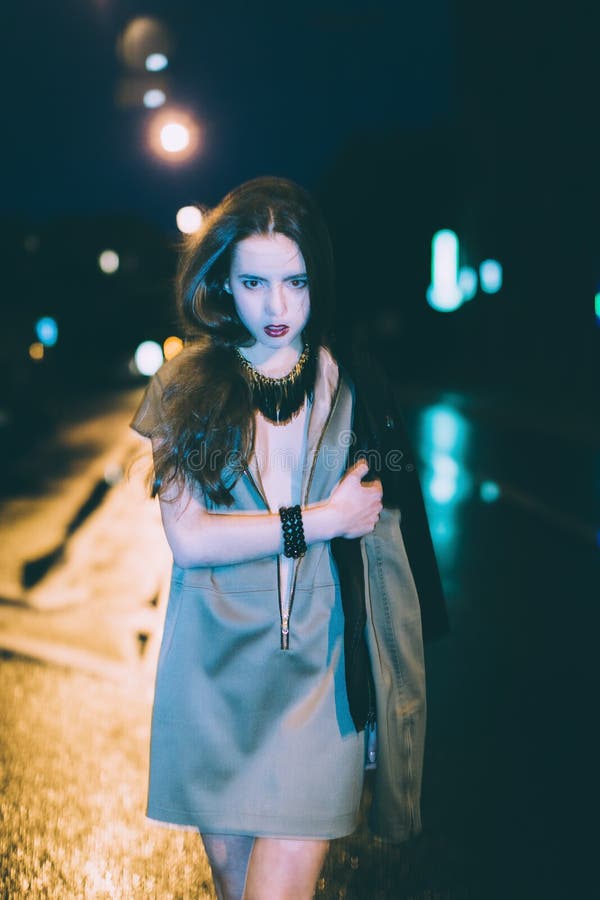 Gorgeous Brunette Girl Portrait in Night City Lights Stock Image ...