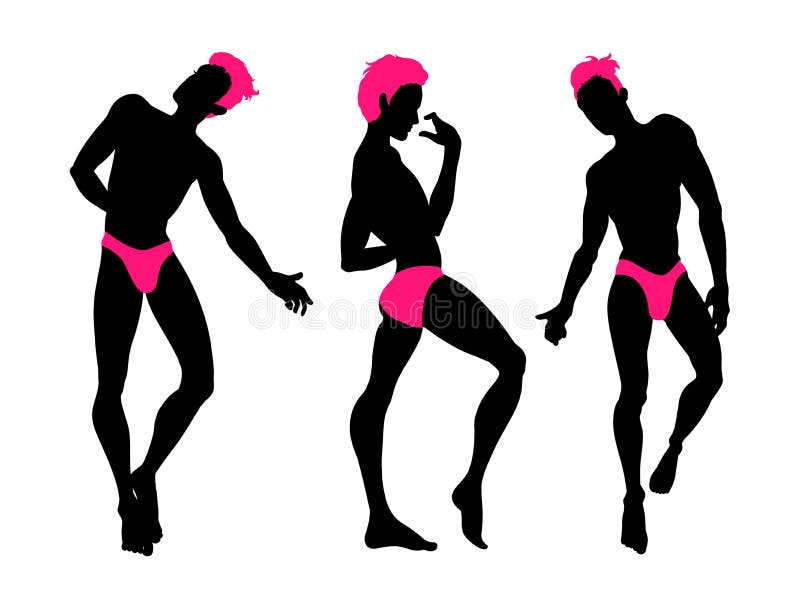 Sexy handsome men silhouettes dancing in underwear, stripper, go-go boy, gay club disco, neon colors, vector illustration