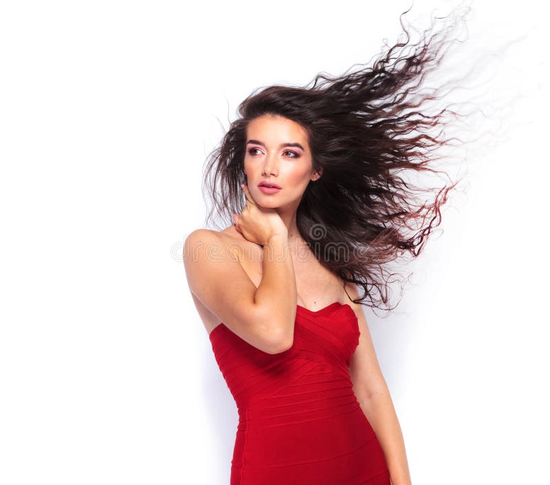 young woman looking away from the camera while her hair is blowing. young woman looking away from the camera while her hair is blowing.