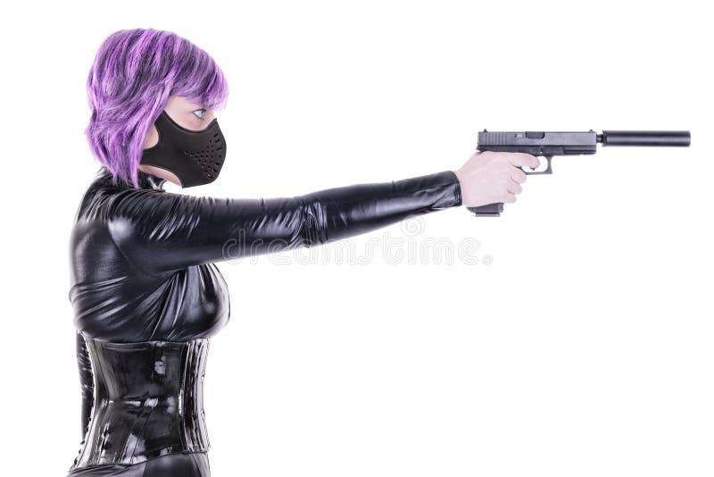 masked woman holding gun, on white background. masked woman holding gun, on white background.