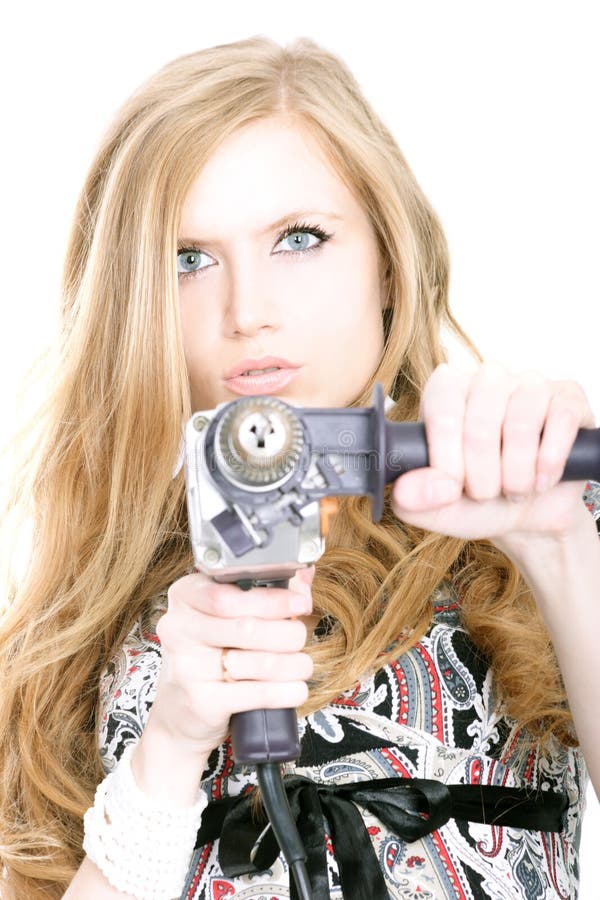 Lady with a drill stock image. Image of head, hair, model 5811715