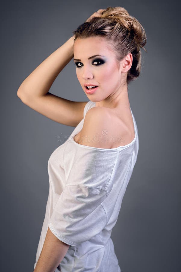 Lady in white tshirt stock photo. Image of adult, blonde 40895892