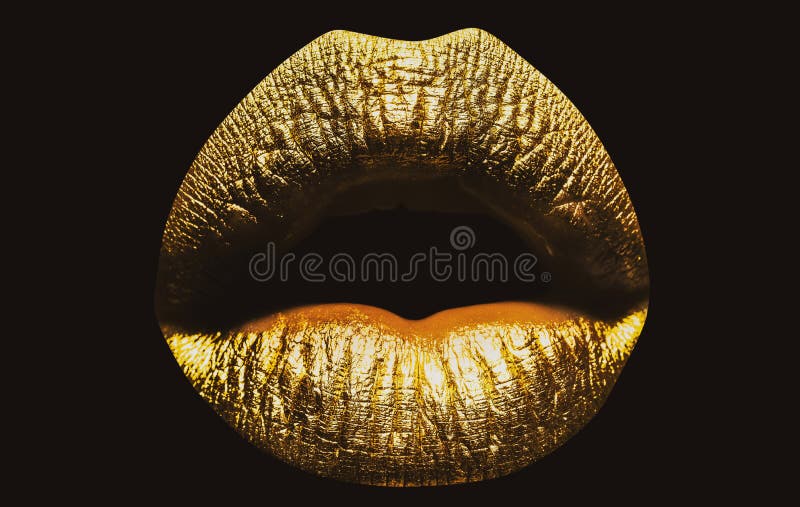 Lips Closeup Beautiful Female Golden Lips Isolated Gold Lipstick Macro Of Beautiful Lips With