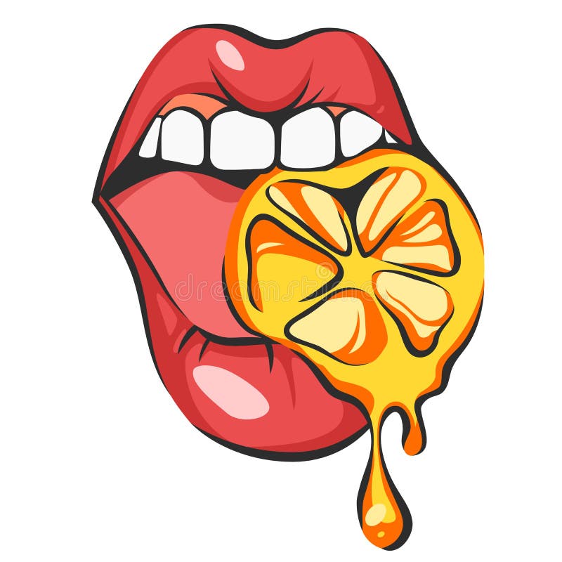 lips with juicy orange. Pop art mouth biting citrus. Close up view of cartoon girl eating fruit. Isolated vector illustration