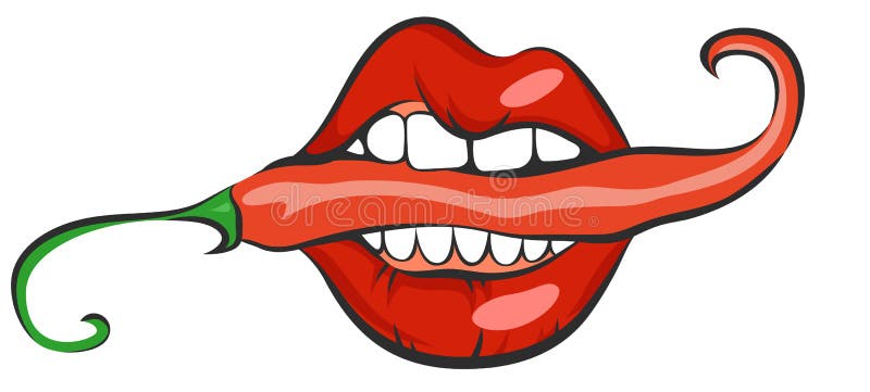 Lips with Red Hot Chili Pepper. Pop Art Mouth Biting Spice. Close Up View  of Cartoon Girl Eating Flavoring Stock Vector - Illustration of lady,  glamour: 79247123
