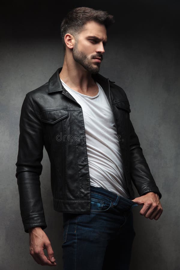 Man In Leather Jacket Showing How Thin He Is Stock Photo - Image of ...