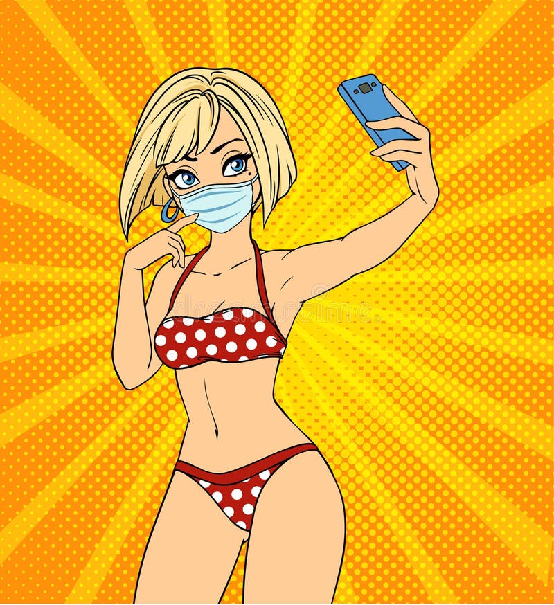 Sexy meisje met selfie. een vrouw draagt een medisch masker en retro bikini