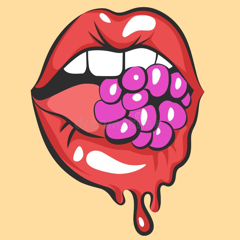 Melting Lips with Juicy Gum or Berry. Pop Art Mouth Biting Candy. Close Up  View of Abstract Cartoon Girl Eating Raspberry Stock Vector - Illustration  of cartoon, gloss: 79247148