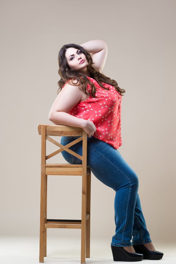 Size Fashion Model in Casual Clothes, Cheerful Fat Woman on Beige Background Stock Photo - Image of breast, long: 182360784