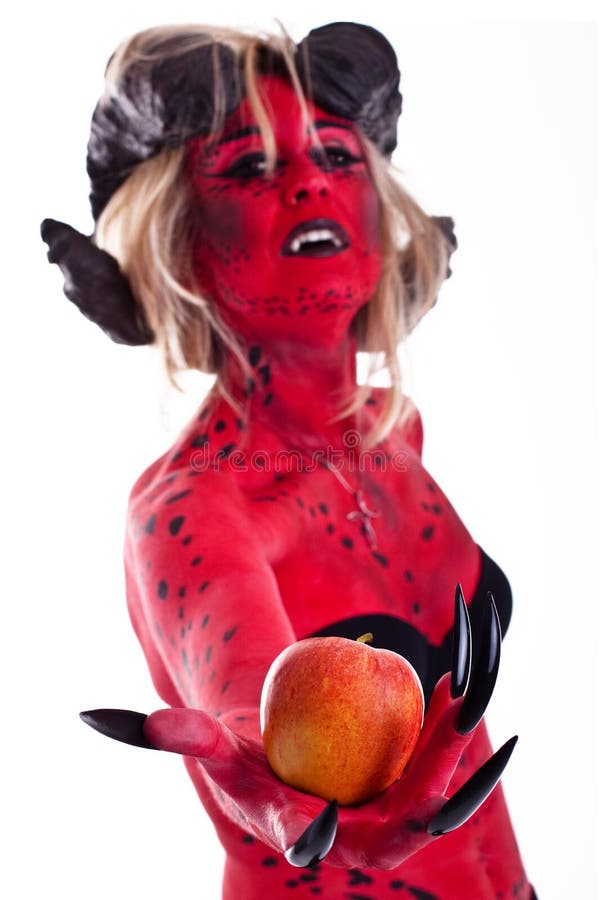 red devil woman holding an apple.