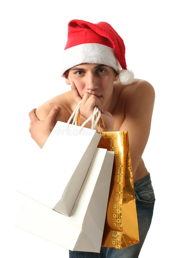 Santa Claus with Copy Space Shopping Bags