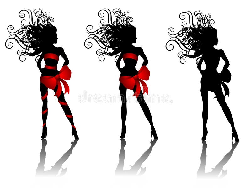 Silhouette Women Wearing Red Bows. An abstract clip art illustration featuring 3 female silhouettes wrapped in red Christmas bows with shadows vector illustration