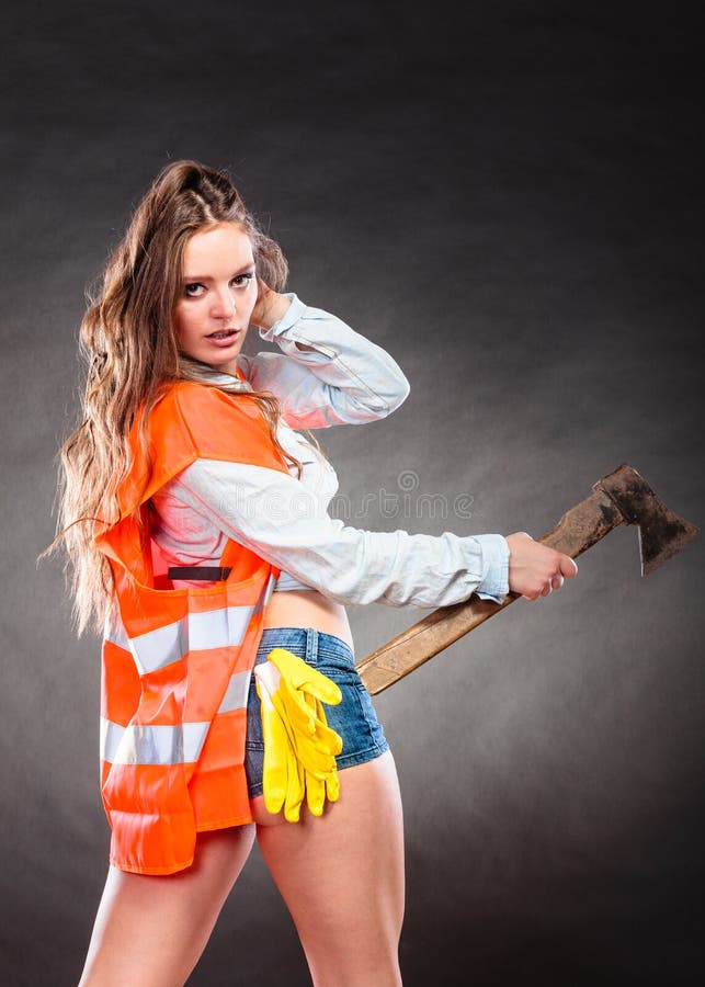 Strong Woman Feminist with Axe at Work. Stock Image - Image of ...