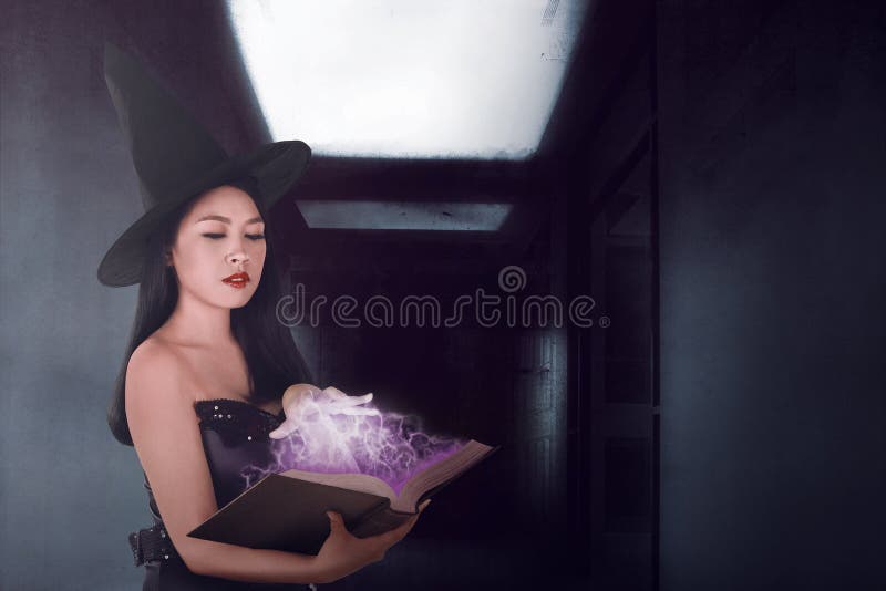 Witch Woman Spell With The Book In The Dark Room Stock Image Image Of Creepy Devil 76768417 