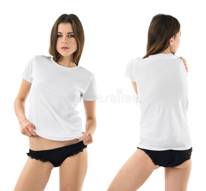 woman with blank white shirt and stock photo shirt and pants together