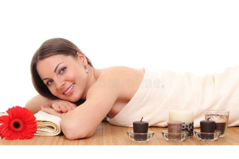 Beautiful woman relaxing in spa. isolated on white stock image Beautiful woman relaxing in spa. isolated on white stock image