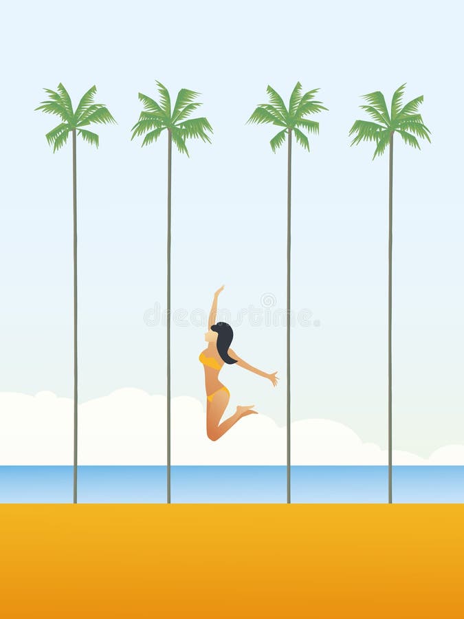 Sexy young woman in bikini jumps over beach vector cartoon. Palm trees in background. Summer holiday or vacation poster