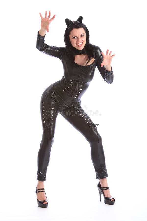 young woman in black full body pvc cat suit