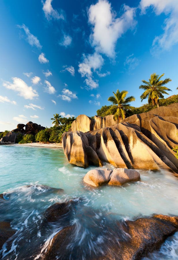 Beach on La Digue island in the Indian Ocean, part of the Seychelles archipelago. Seychelles stock images, royalty-free photos and pictures