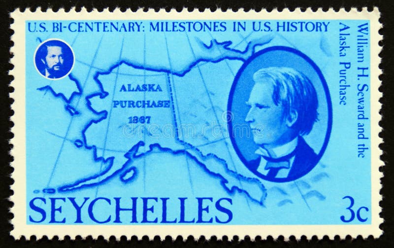 Unused postage stamp printed in seychelles 1976. William H. Seward purchase alaska. Value 3 seychellois cent. From the series american revolution. Mint, never hinged, mnh, unused. Unused postage stamp printed in seychelles 1976. William H. Seward purchase alaska. Value 3 seychellois cent. From the series american revolution. Mint, never hinged, mnh, unused.