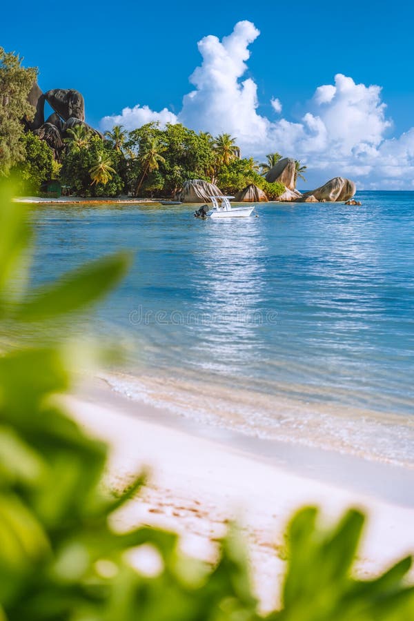 Seychelles famous Anse Source d&#x27;Argent beach with well-known granite boulder rocks at La Digue island. Seychelles famous Anse Source d&#x27;Argent beach with well-known granite boulder rocks at La Digue island.