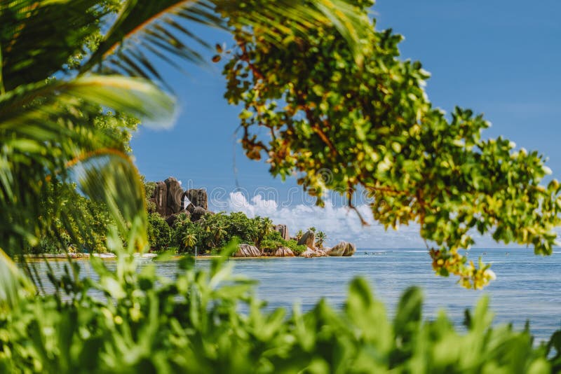 Seychelles famous Anse Source d&#x27;Argent beach with well-known granite boulder rocks at La Digue island. Leaves framed photo. Seychelles famous Anse Source d&#x27;Argent beach with well-known granite boulder rocks at La Digue island. Leaves framed photo.