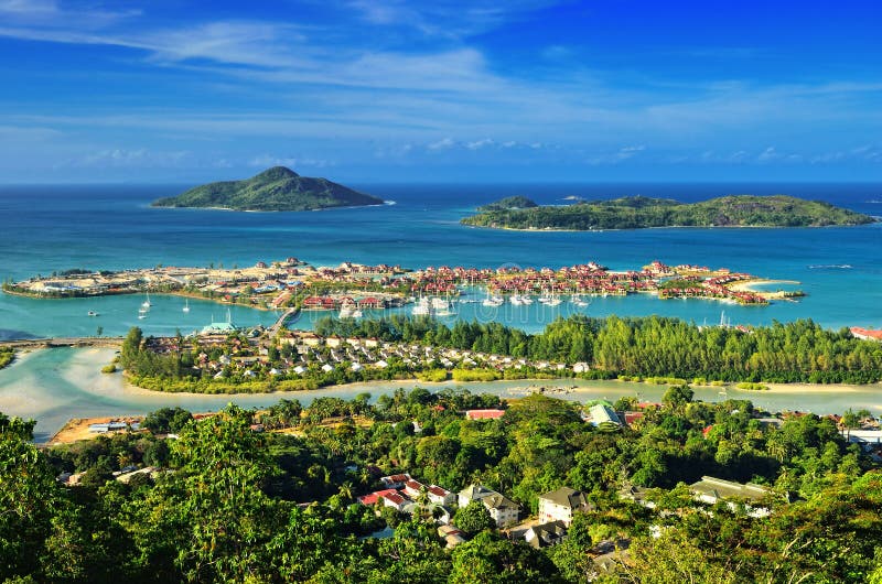 Aerial view on the coastline of the Seychelles Islands and luxury Eden Island from Victoria viewpoint, Mahe. Seychelles stock images, royalty-free photos and pictures