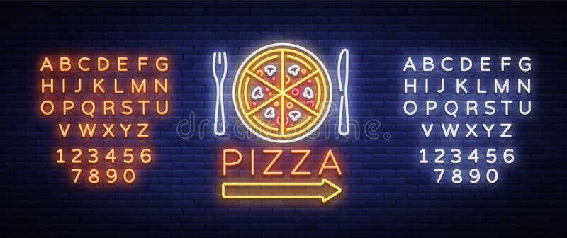 Señal de neón del emblema del logotipo de la pizza Logotipo en el estilo de neón, señal de neón brillante con la promoción italia ilustración del vector Señal de neón del emblema del logotipo de la pizza Logotipo en el estilo de neón, señal de neón brillante con la promoción italia ilustración del vector