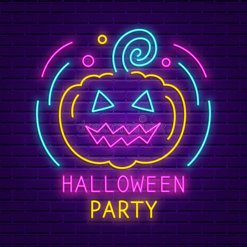 Señal de neón del partido del feliz Halloween Bandera ligera brillante ilustración del vector Señal de neón del partido del feliz Halloween Bandera ligera brillante ilustración del vector