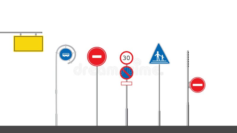 Traffics sign with pole isolated white background.Road symbols set vector.Flat traffic set. Traffics sign with pole isolated white background.Road symbols set vector.Flat traffic set