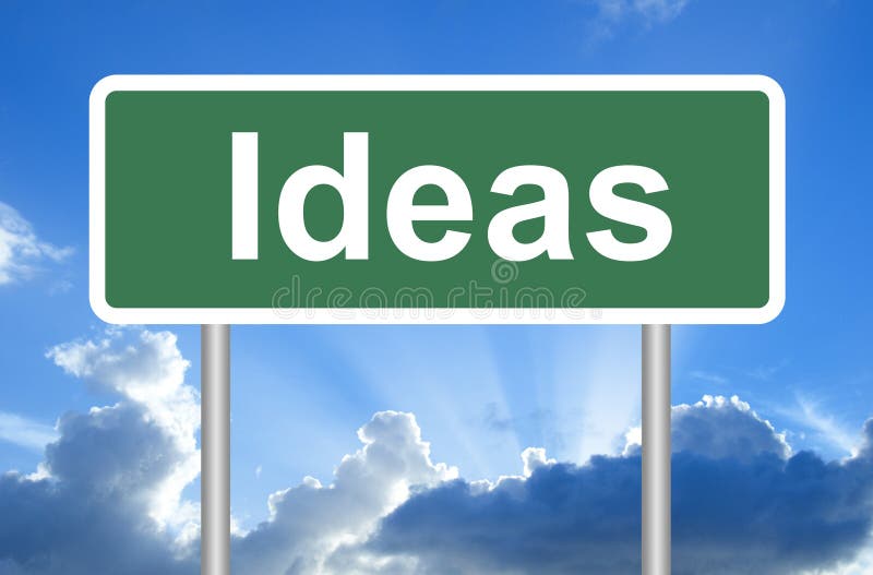 Señal de tráfico de las ideas en el cielo azul con las nubes stock de ilustración Señal de tráfico de las ideas en el cielo azul con las nubes stock de ilustración