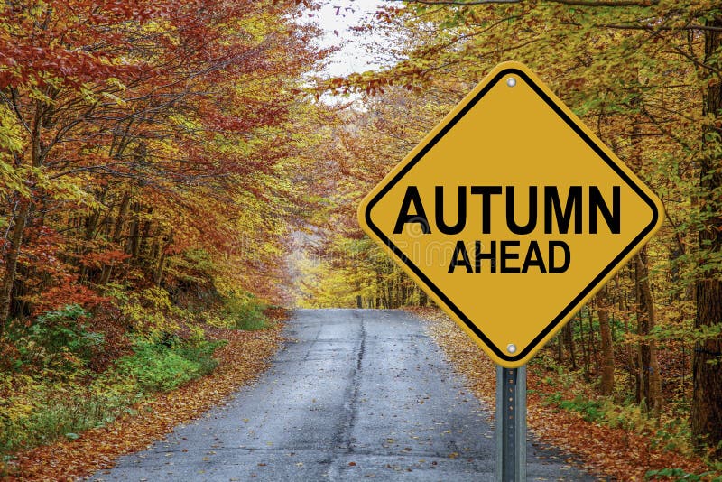Señal de tráfico preventiva del otoño a continuación contra un fondo de la caída
