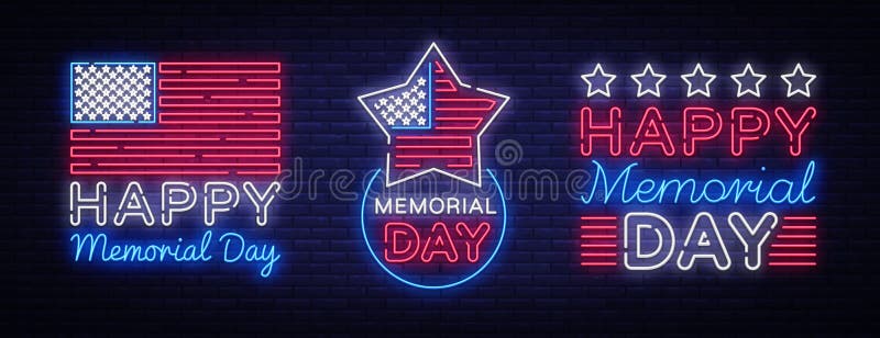 Señales de neón felices de la colección de Memorial Day Tarjeta de felicitación de neón del letrero, bandera ligera, celebración stock de ilustración Señales de neón felices de la colección de Memorial Day Tarjeta de felicitación de neón del letrero, bandera ligera, celebración stock de ilustración
