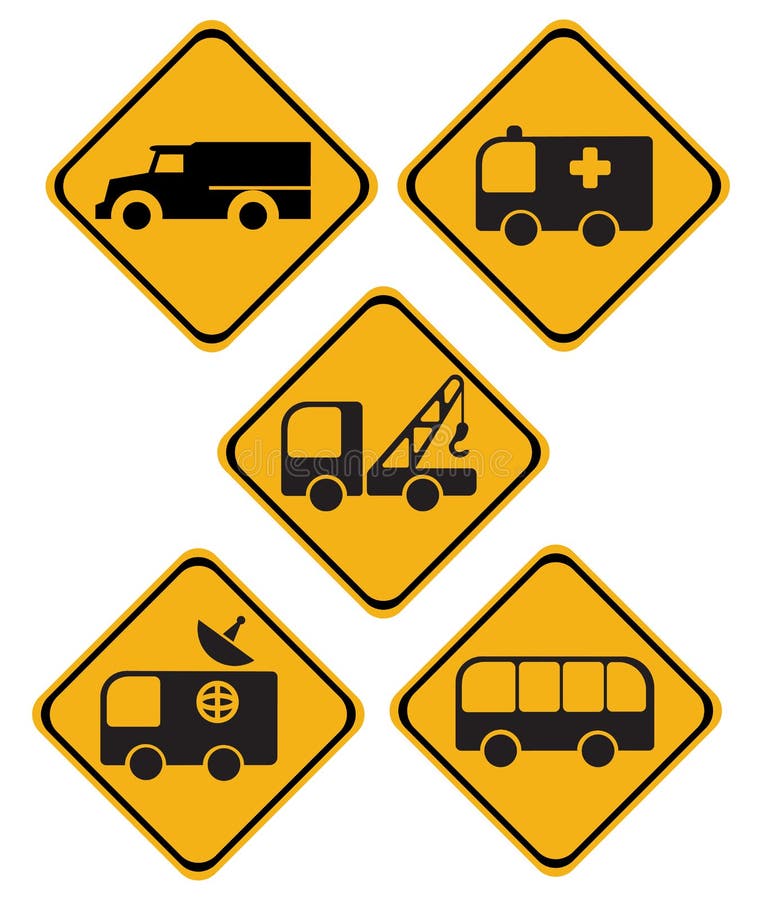 Illustrated yellow traffic signs with different vehicles on each sign. Illustrated yellow traffic signs with different vehicles on each sign.