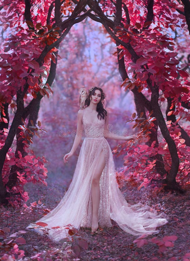Señora atractiva misteriosa en un vestido de lujo ligero largo en un bosque rosado mágico, puerta al mundo del hada-cuento, lindo