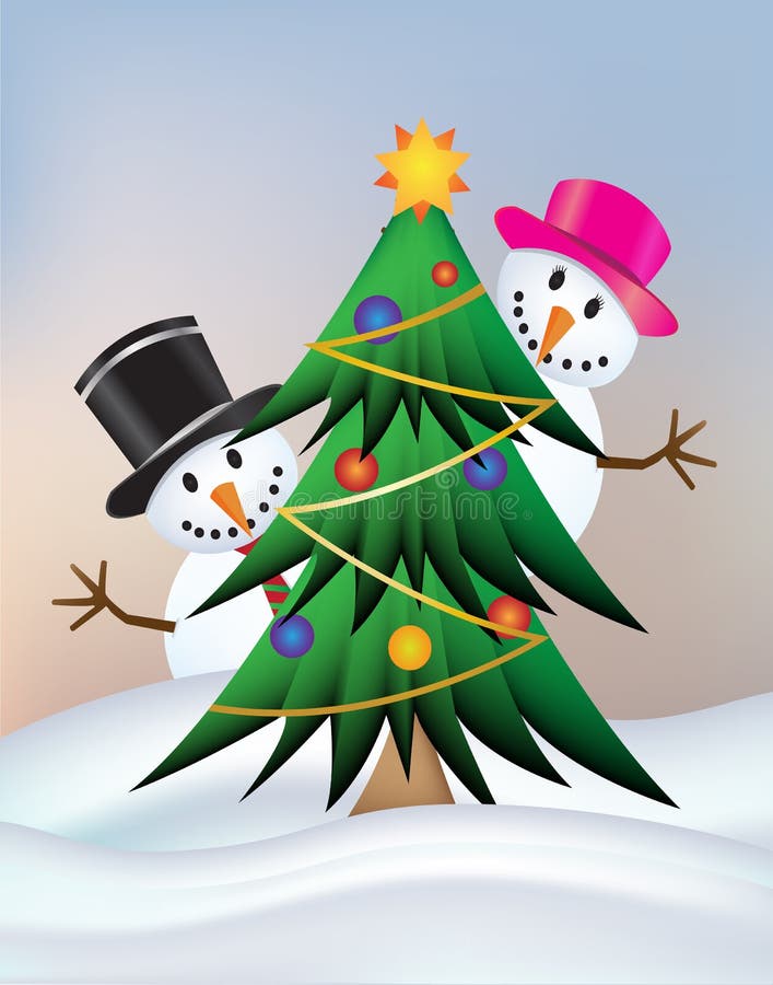 Señora del muñeco de nieve y muñeco de nieve con el árbol de navidad lindo libre illustration Señora del muñeco de nieve y muñeco de nieve con el árbol de navidad lindo libre illustration