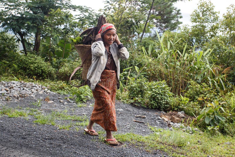 Señora local Carrying Wood en Chin State, Myanmar fotos de archivo