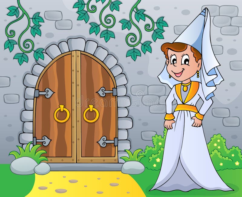 Señora medieval por la vieja imagen 1 del tema de la puerta stock de ilustración Señora medieval por la vieja imagen 1 del tema de la puerta stock de ilustración