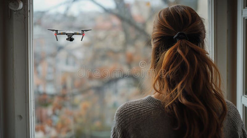 Señora viendo a un avión no tripulado uav volando justo afuera de la ventana de su casa stock de ilustración
