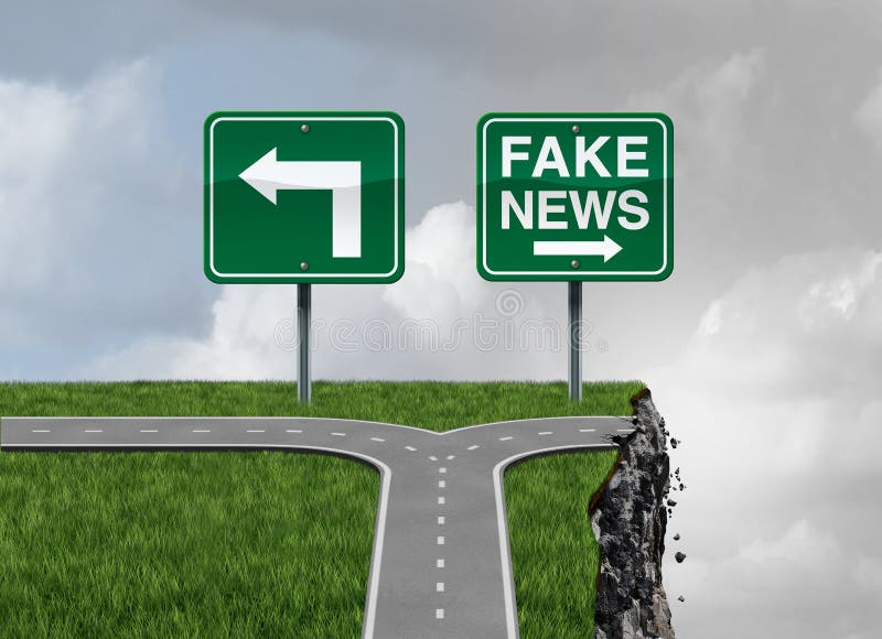 Fake news risk and alternative facts danger concept as a crossroad path with truth and false direction traffic sign leading to a broken cliff as a media or fraudulent communication symbol with 3D render elements. Fake news risk and alternative facts danger concept as a crossroad path with truth and false direction traffic sign leading to a broken cliff as a media or fraudulent communication symbol with 3D render elements.