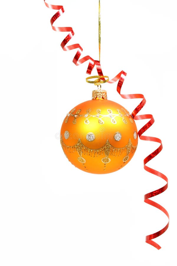Celebratory sphere of yellow color and red streamer. Celebratory sphere of yellow color and red streamer
