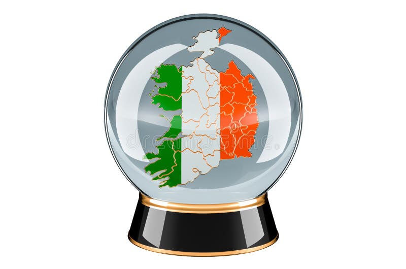 Crystal ball with Irish map. Forecasting and prediction for Ireland, concept. 3D rendering isolated on white background. Crystal ball with Irish map. Forecasting and prediction for Ireland, concept. 3D rendering isolated on white background
