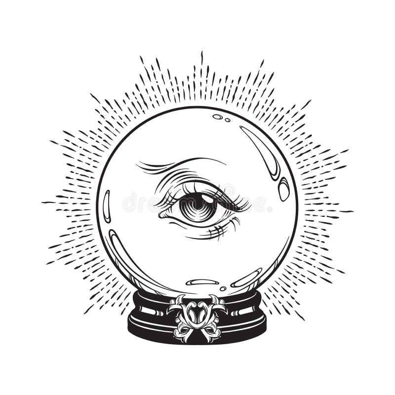 Sfera di cristallo magica di predizione disegnata a mano con l'occhio di provvidenza Linea elegante desig della stampa di velo de