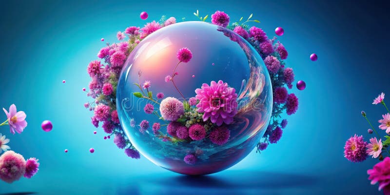 Sfera floreale incapsulata, una vivida visualizzazione di fiori rosa e viola all'interno di una sfera trasparente ornata da sfere galleggianti. Rendimento artistico. Generative AI
