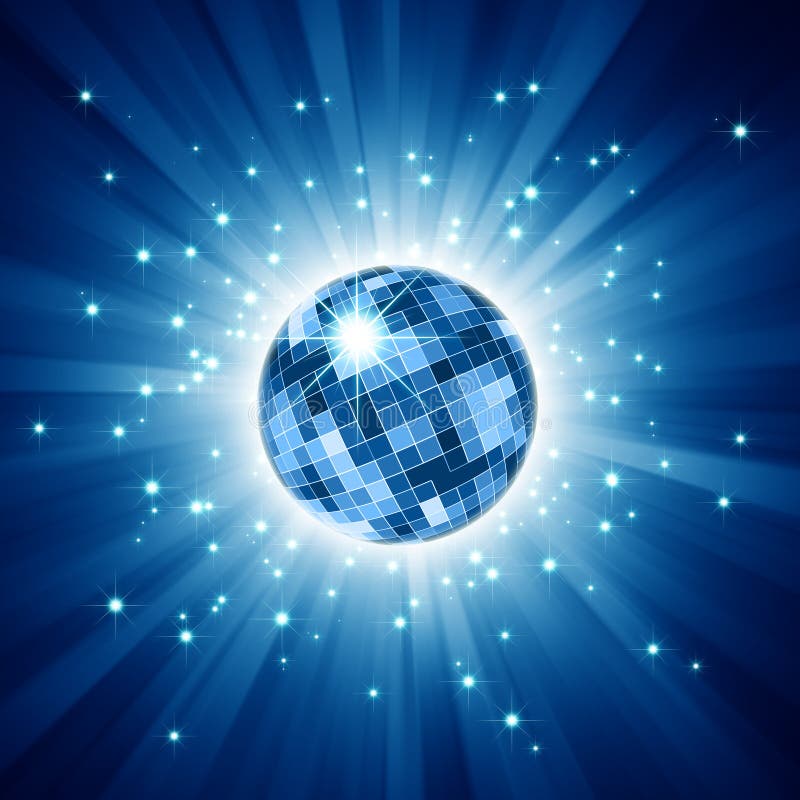 Sfera scintillante della discoteca sul burst blu dell'indicatore luminoso illustrazione vettoriale Sfera scintillante della discoteca sul burst blu dell'indicatore luminoso illustrazione vettoriale