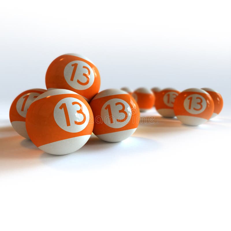 Orange billiard balls with number 13 against white background. Orange billiard balls with number 13 against white background